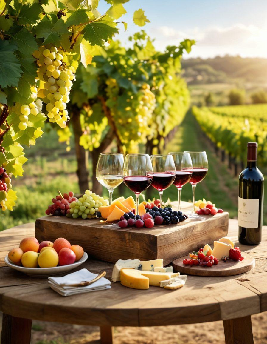 A beautifully arranged outdoor wine tasting setup with an elegant wooden table, adorned with assorted wine glasses filled with different wines, colorful fresh fruits, and gourmet cheeses. Soft sunlight filters through lush greenery, creating a warm and inviting atmosphere. Accompanying the scene are joyful friends clinking glasses and sharing laughter, embodying the essence of celebration. The background features a picturesque vineyard under a clear sky. super-realistic. vibrant colors. natural lighting.