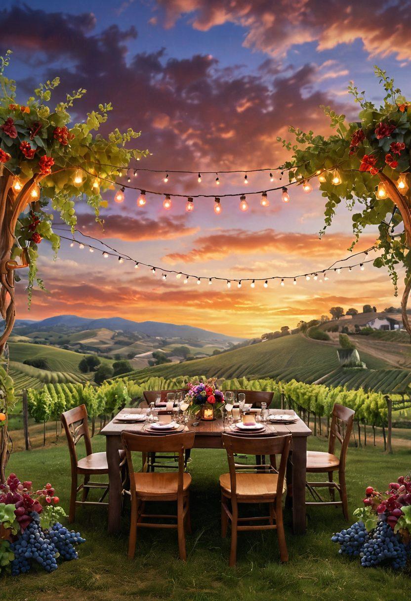 A whimsical vineyard scene with charming fairy lights strung above rustic wooden tables adorned with elegant wine glasses and colorful floral centerpieces. Include playful elements like animated grapes dancing and a whimsical, fairy-tale style backdrop of rolling hills and a sunset sky. Capture the essence of joy and celebration in the air. super-realistic. vibrant colors. 3D.