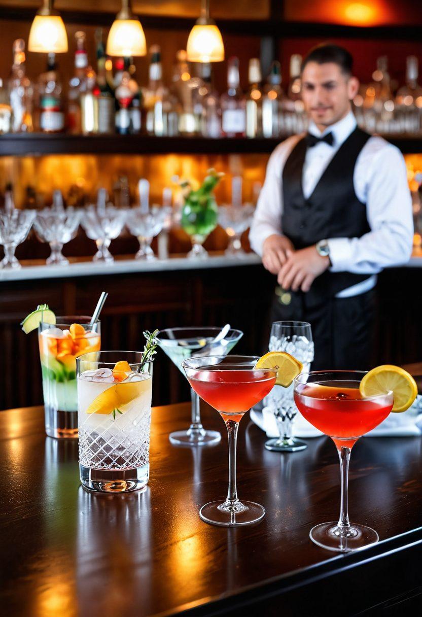 A luxurious cocktail bar scene featuring elegant cocktails in crystal glasses, surrounded by shimmering bar décor. Soft, ambient lighting creates a warm and inviting atmosphere, with bartenders expertly crafting drinks in the background. Include tasteful garnishes and a fresh bouquet of flowers on the bar. The scene captures the essence of sophistication and enjoyment during happy hour. super-realistic. vibrant colors. soft focus.